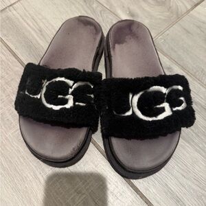 UGG Black and White Fuzzy Slides